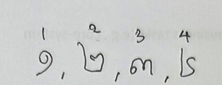 아라비아 숫자 1, 2, 3, 4 아래에 크메르 고유 숫자를 손으로 적어 나란히 비교한 메모