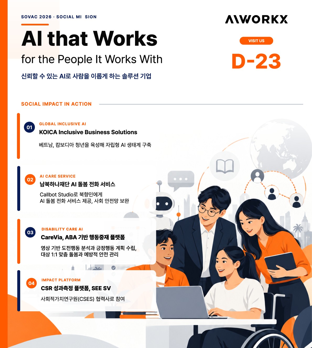 AIWORKX SOVAC 2026 안내 카드 - AI that Works, 부스 D-23, KOICA IBS·Callbot Studio·CareVia·CSR 성과측정 플랫폼
