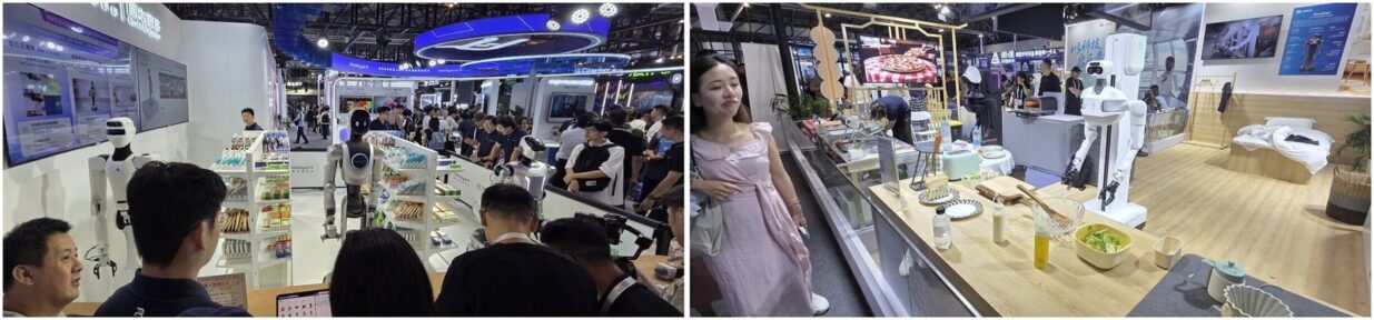 WAIC 2026의 '일하는 장면'들. 휴머노이드 스마트 약국(왼쪽)과 주방·가사 시연 공간(오른쪽)